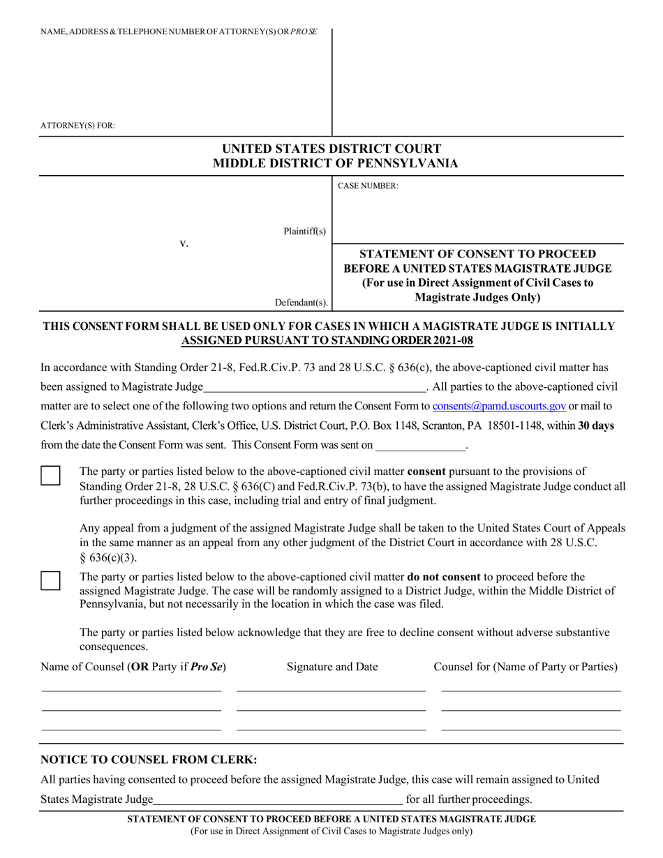 Statement of Consent to Proceed Before a United States Magistrate Judge (For Use in Direct Assignment of Civil Cases to Magistrate Judges Only) - Pennsylvania, Page 1