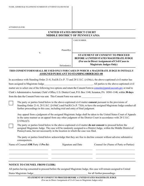 Statement of Consent to Proceed Before a United States Magistrate Judge (For Use in Direct Assignment of Civil Cases to Magistrate Judges Only) - Pennsylvania Download Pdf