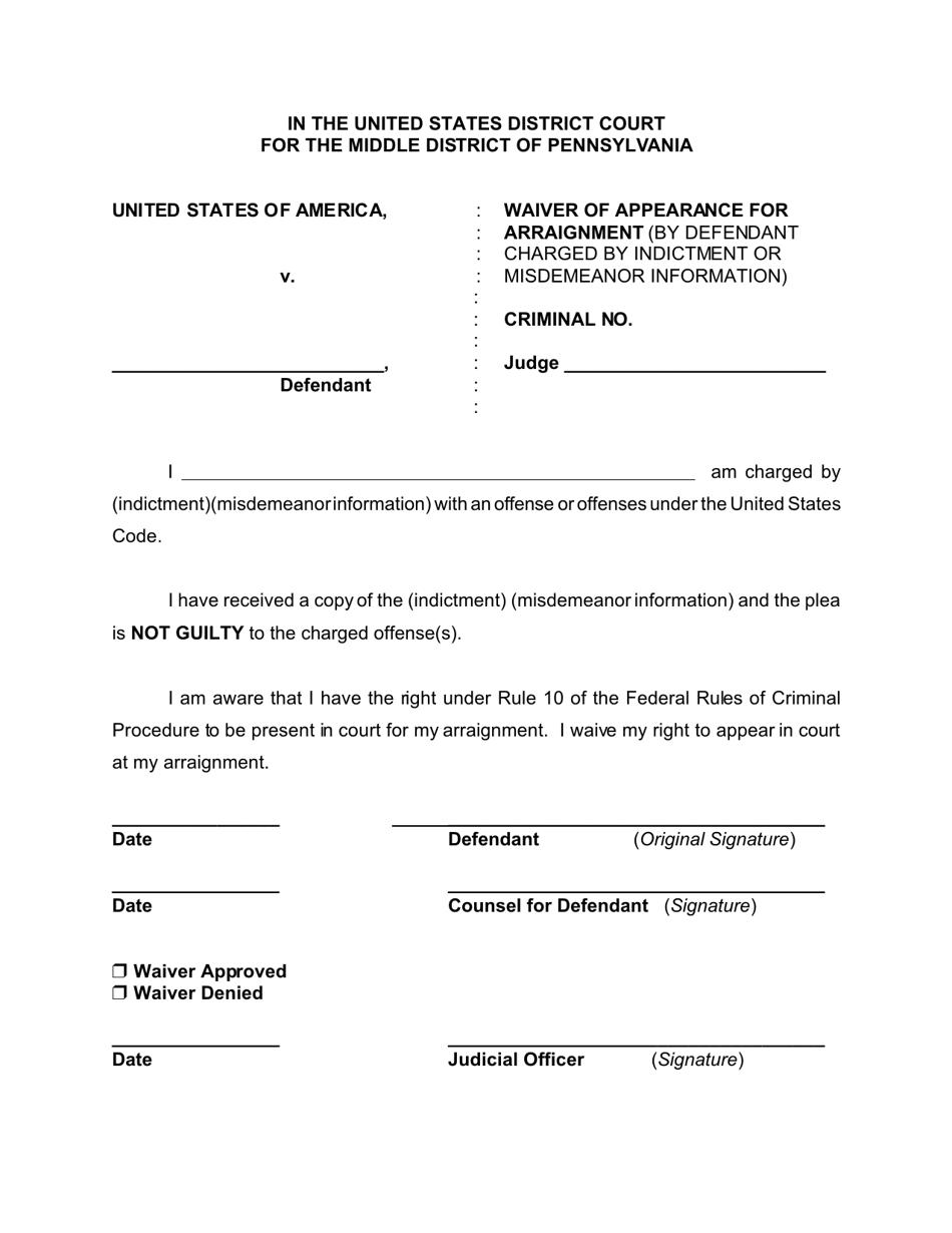 Waiver of Appearance for Arraignment (By Defendant Charged by Indictment or Misdemeanor Information) - Pennsylvania, Page 1