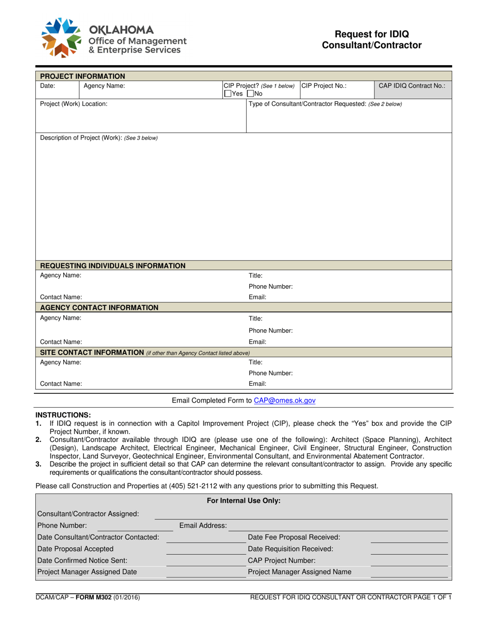 Form M302 Request for Idiq Consultant / Contractor - Oklahoma, Page 1