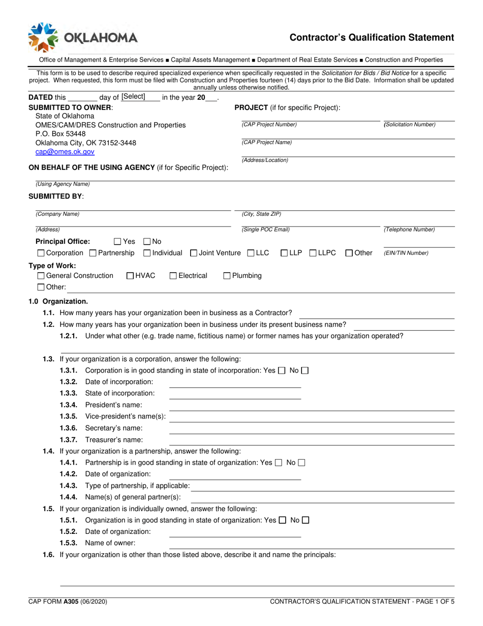 CAP Form A305 Contractors Qualification Statement - Oklahoma, Page 1