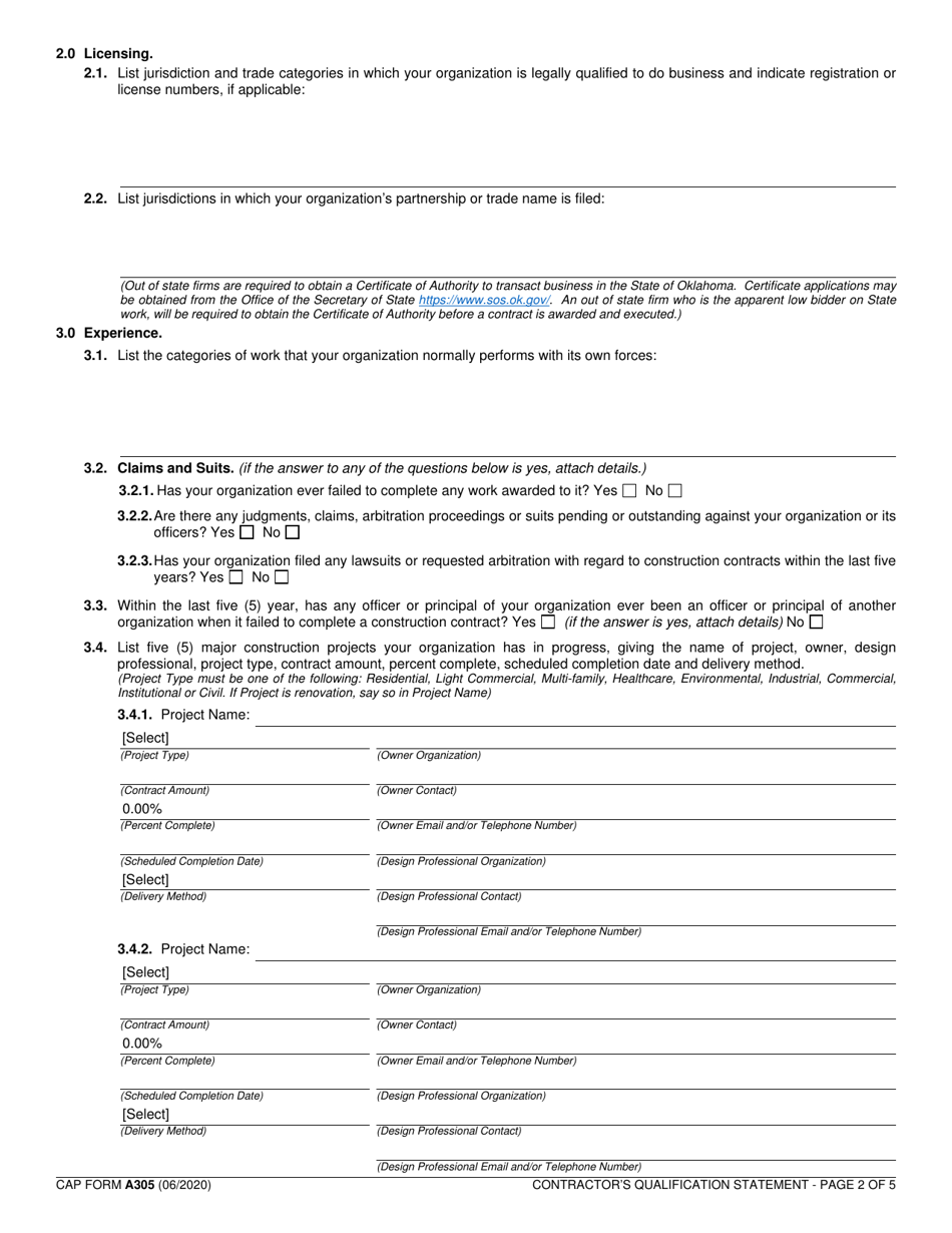 CAP Form A305 Contractors Qualification Statement - Oklahoma, Page 2