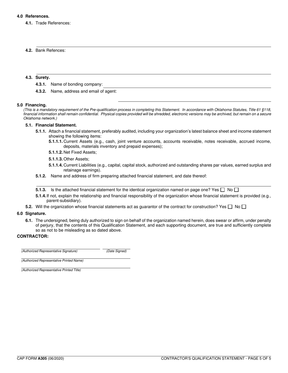 CAP Form A305 Contractors Qualification Statement - Oklahoma, Page 5