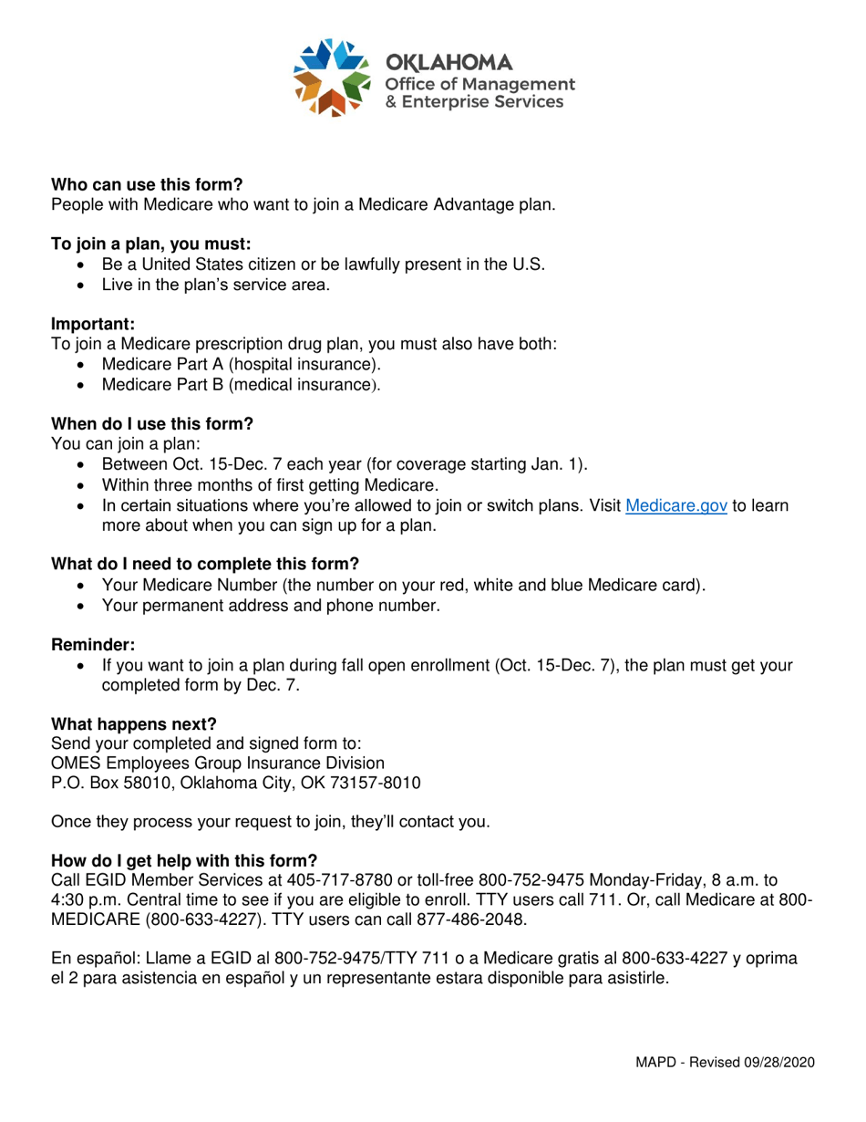 Oklahoma Application for Medicare Advantage Prescription Drug (Mapd