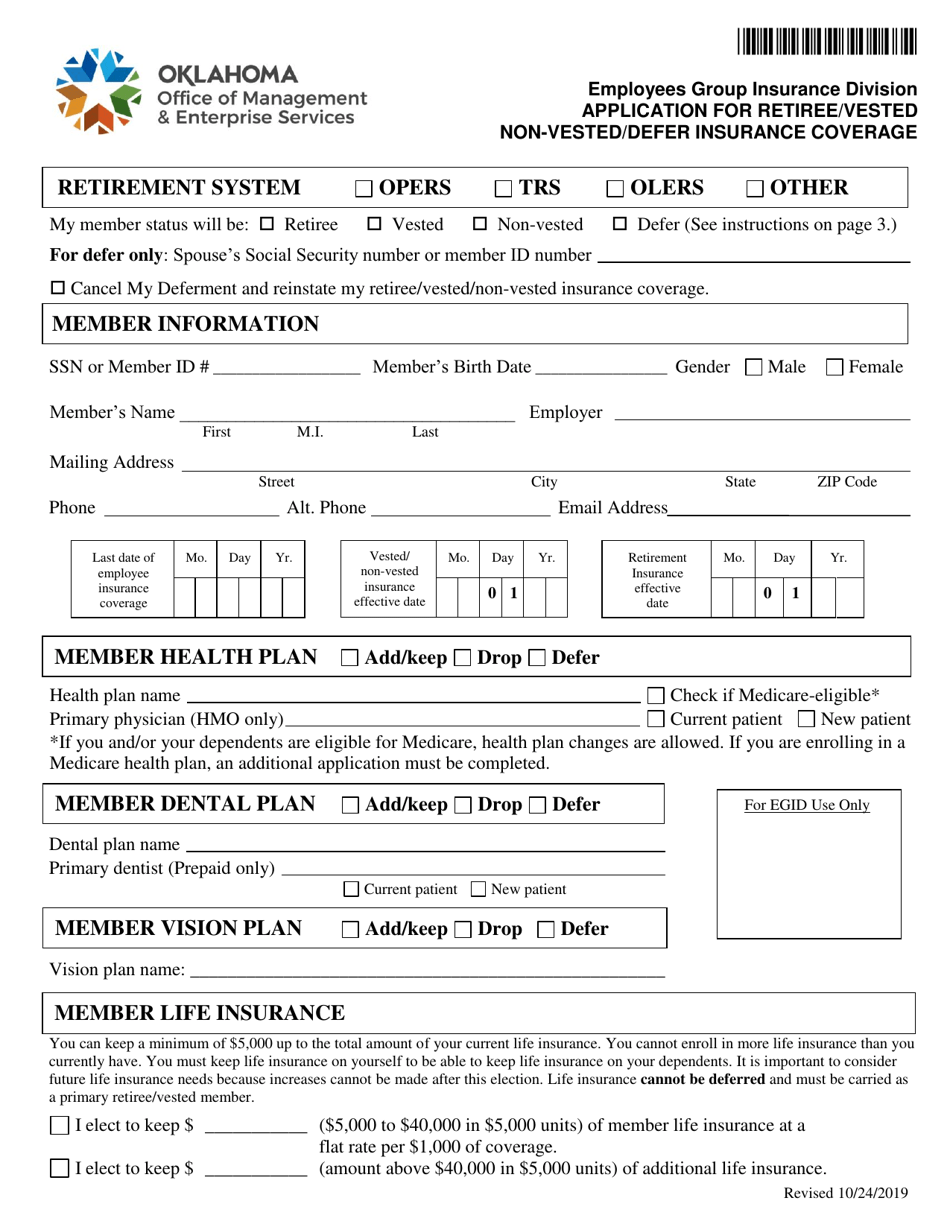 Application for Retiree / Vested Non-vested / Defer Insurance Coverage - Oklahoma, Page 1