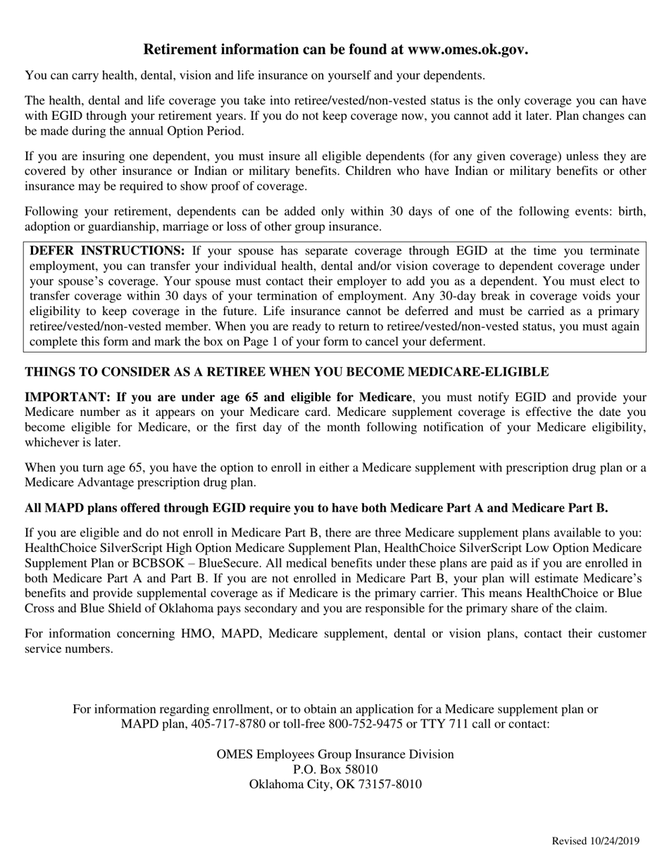 Application for Retiree / Vested Non-vested / Defer Insurance Coverage - Oklahoma, Page 3