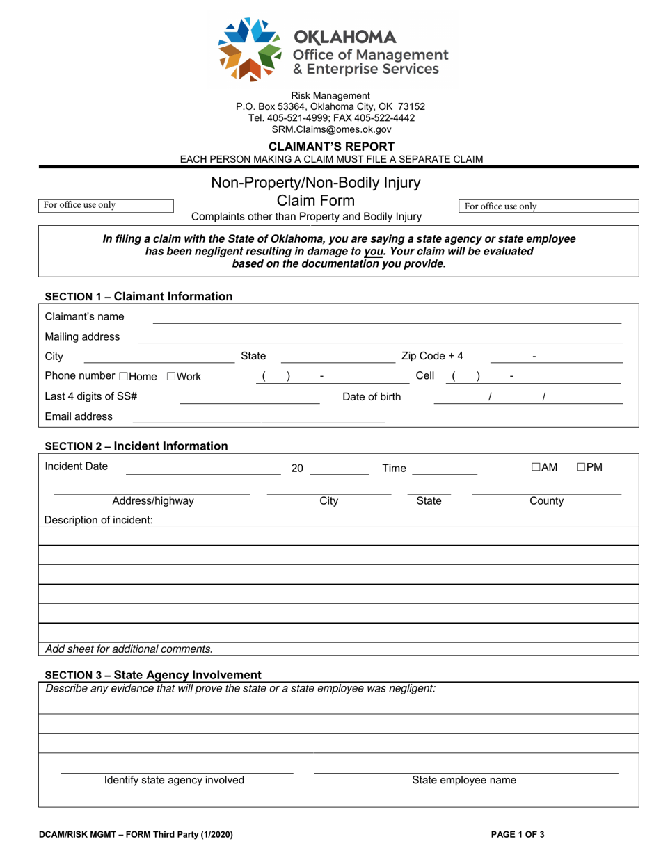 Oklahoma Non property Non bodily Injury Claim Form Fill Out Sign