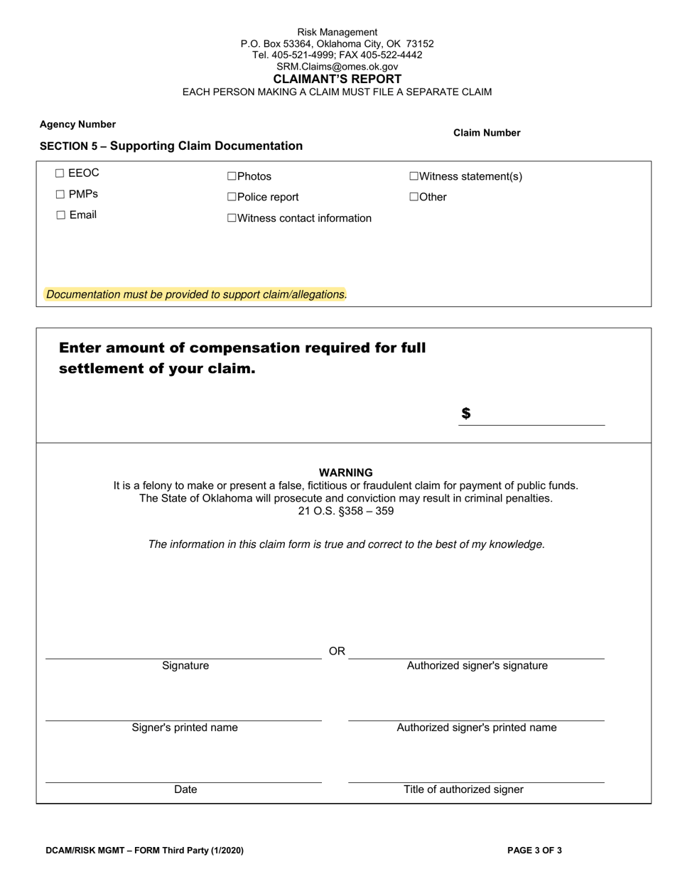Non-property / Non-bodily Injury Claim Form - Oklahoma, Page 3