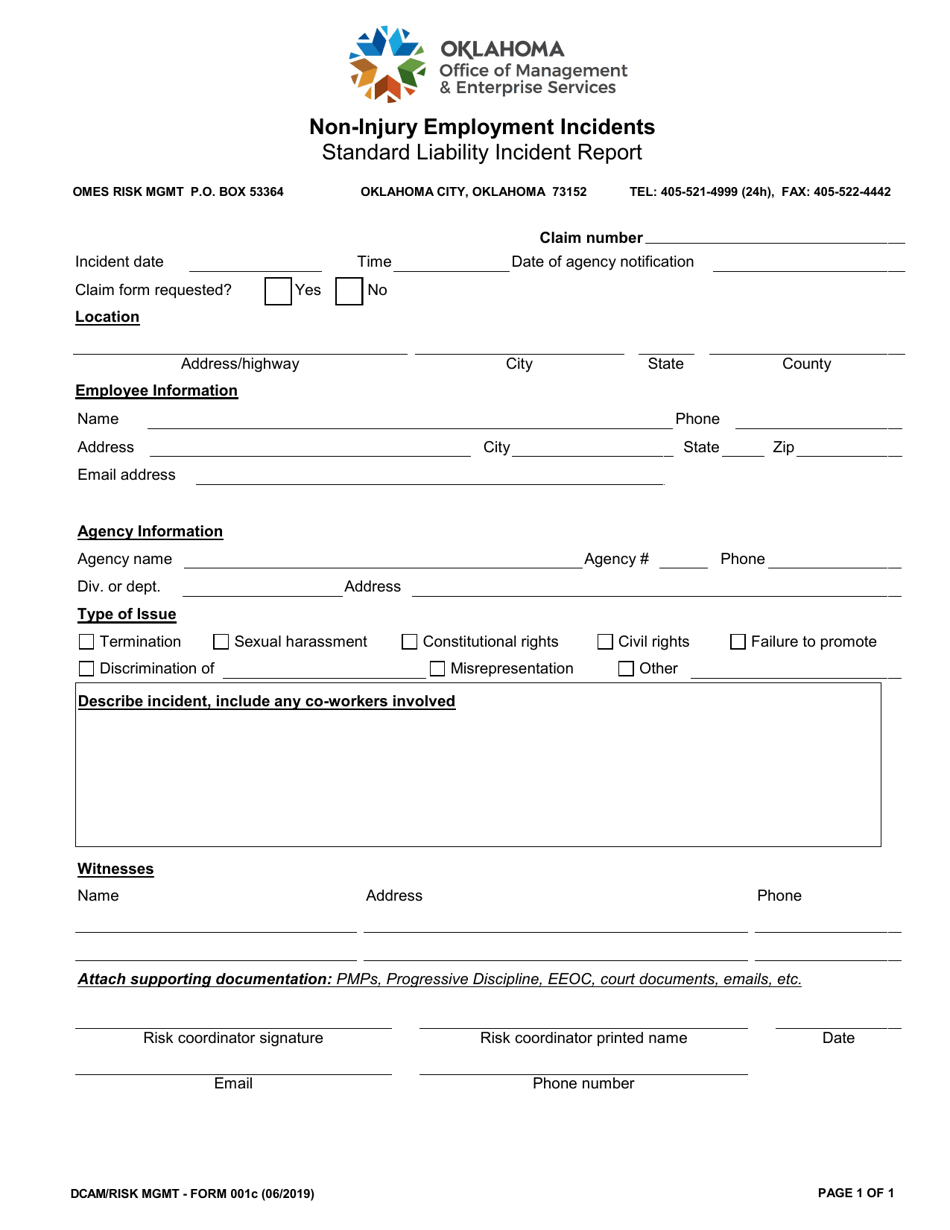 Form 001C Non-injury Employment Incidents Standard Liability Incident Report - Oklahoma, Page 1