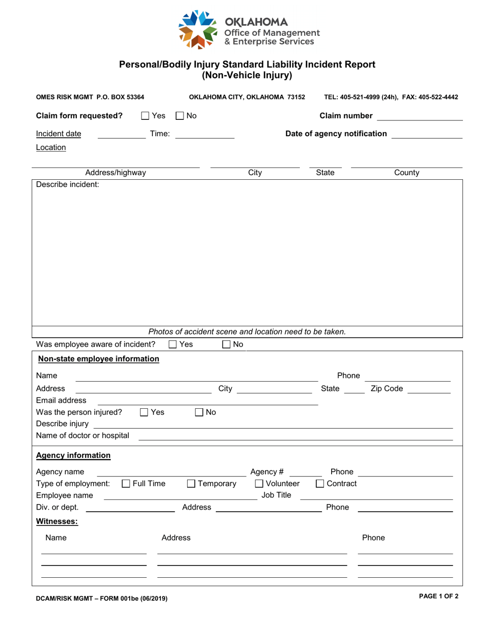 Form 001BE Personal / Bodily Injury Standard Liability Incident Report (Non-vehicle Injury) - Oklahoma, Page 1