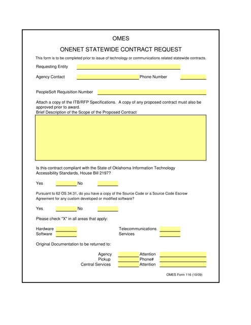 OMES Form 116 Onenet Statewide Contract Request - Oklahoma