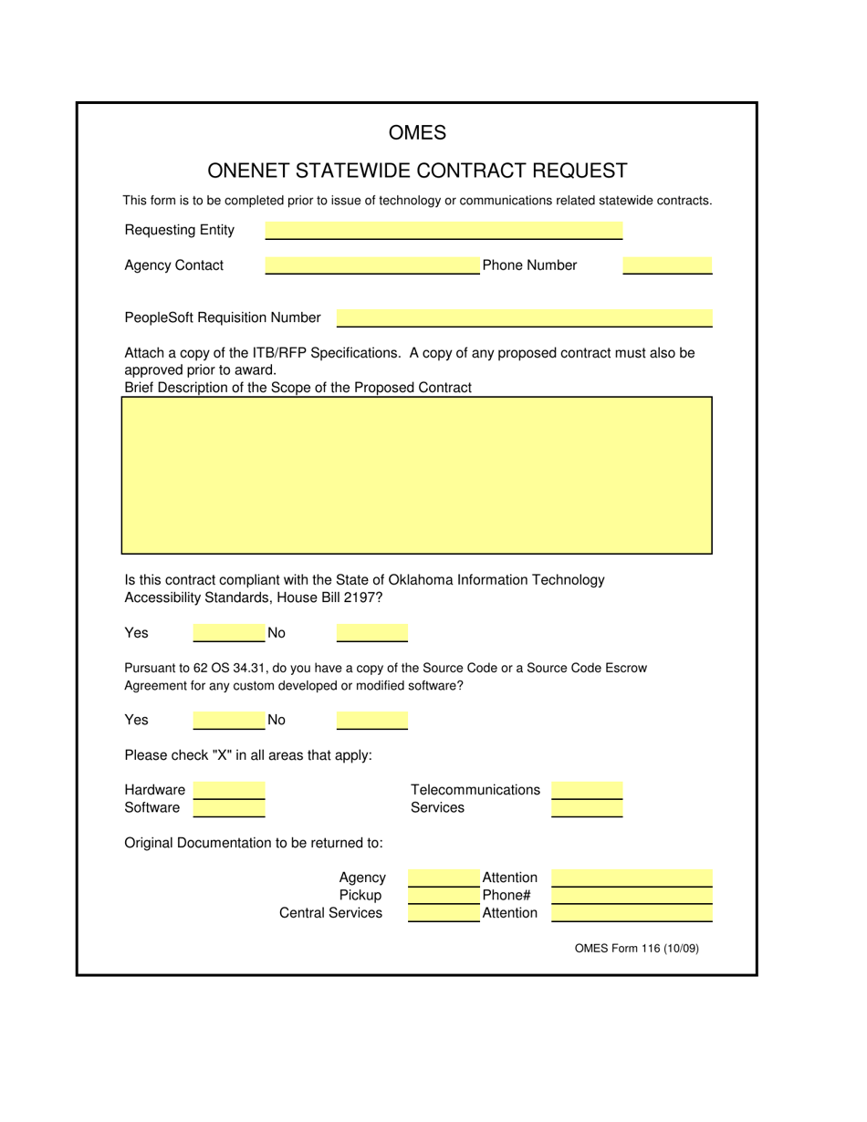 OMES Form 116 Onenet Statewide Contract Request - Oklahoma, Page 1