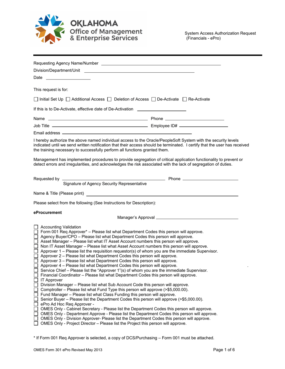 OMES Form 301 EPRO System Access Authorization Request (Financials - Epro) - Oklahoma, Page 1