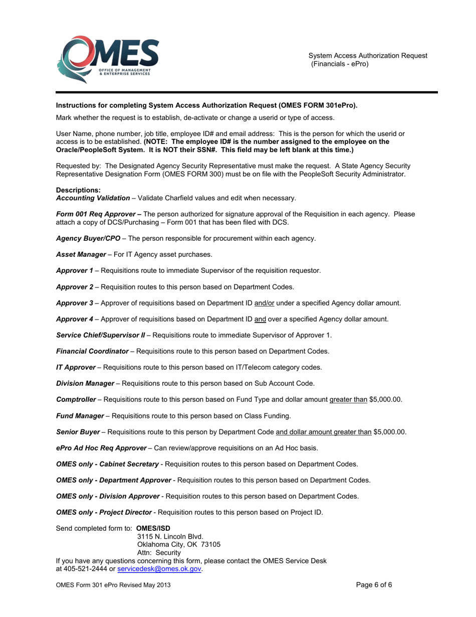 OMES Form 301 EPRO System Access Authorization Request (Financials - Epro) - Oklahoma, Page 6