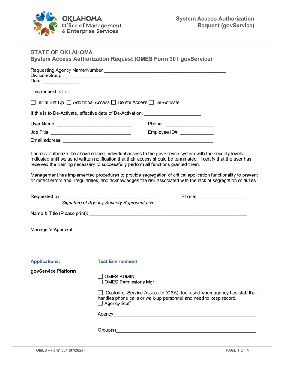 OMES Form 301 System Access Authorization Request (Govservice) - Oklahoma, Page 1
