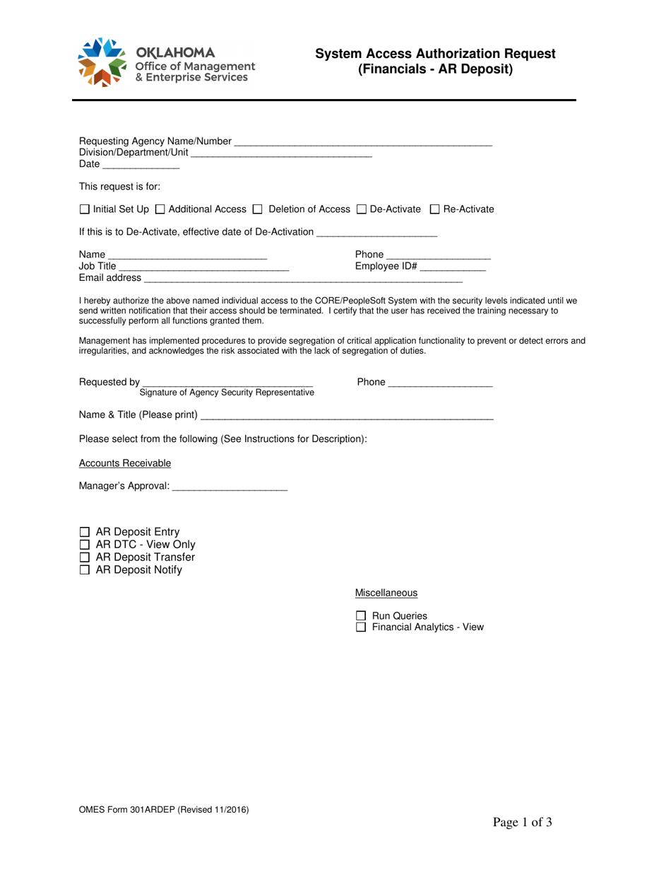 OMES Form 301ARDEP System Access Authorization Request (Financials - Ar Deposit) - Oklahoma, Page 1
