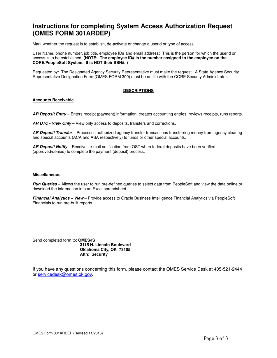 OMES Form 301ARDEP System Access Authorization Request (Financials - Ar Deposit) - Oklahoma, Page 3