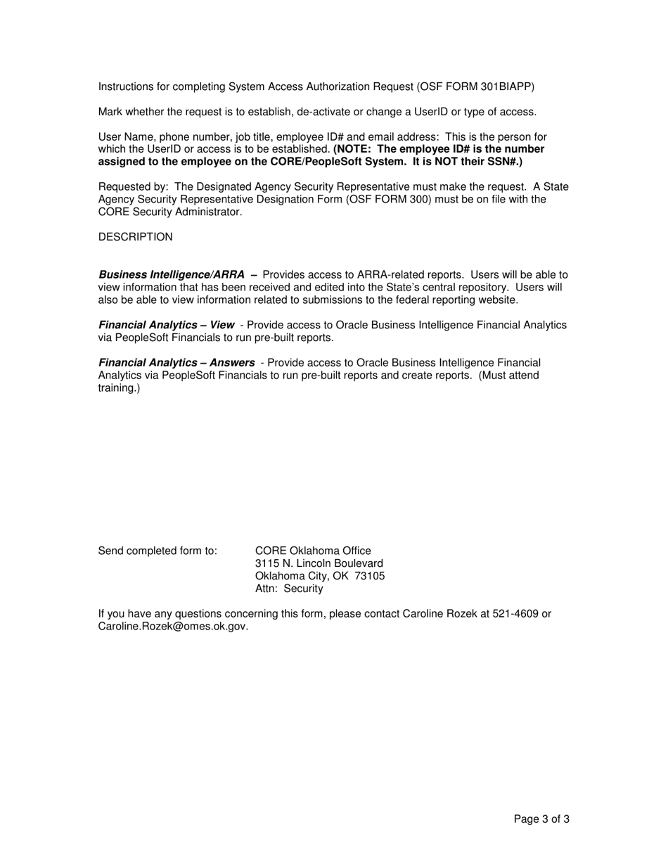 OMES Form 301BIAPP System Access Authorization Request (BI) - Oklahoma, Page 3