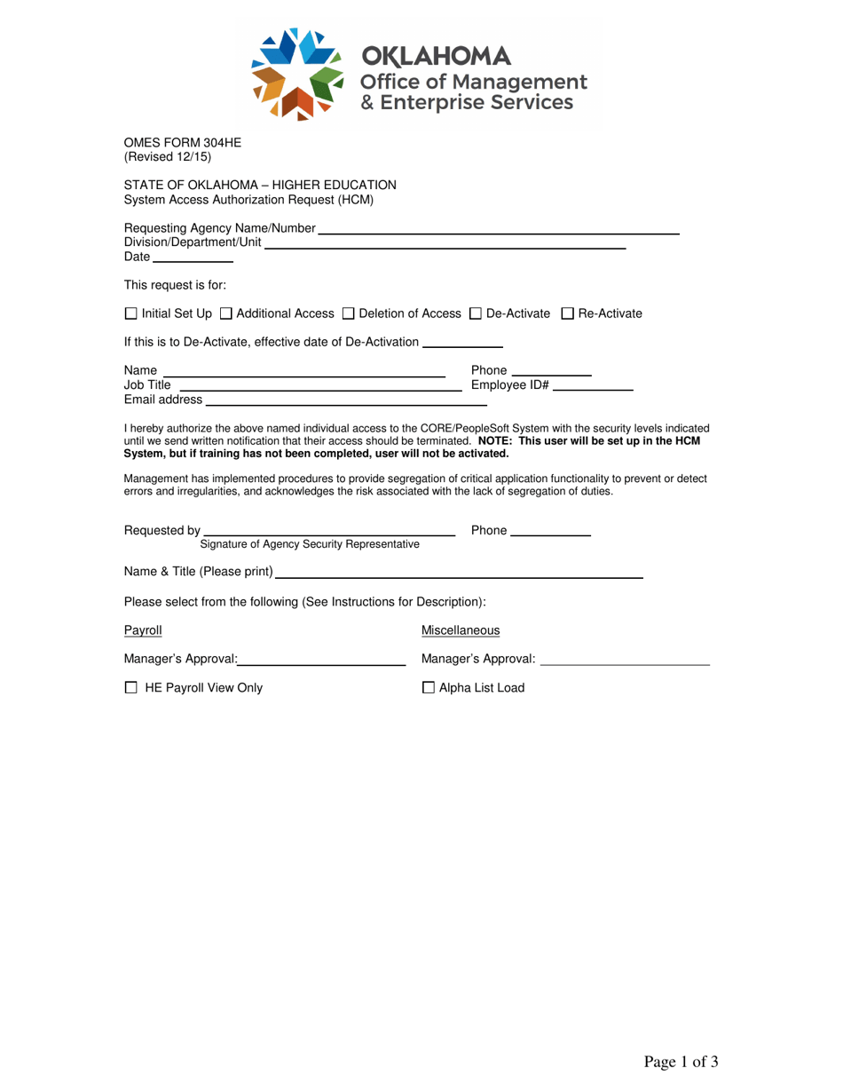 OMES Form 304HE System Access Request Form (Higher Education Human Resources) - Oklahoma, Page 1