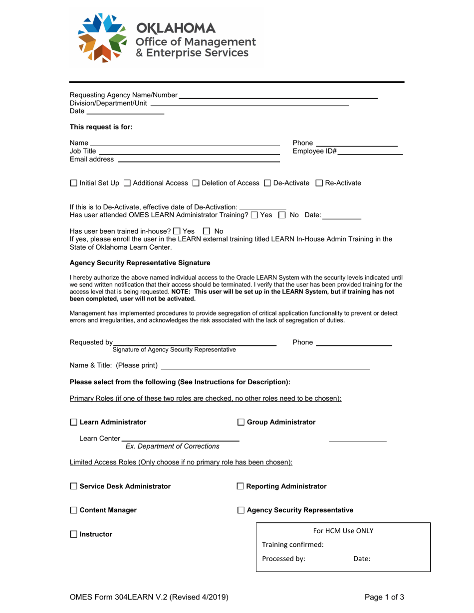 OMES Form 304LEARN System Access Request Form (Learn) - Oklahoma, Page 1