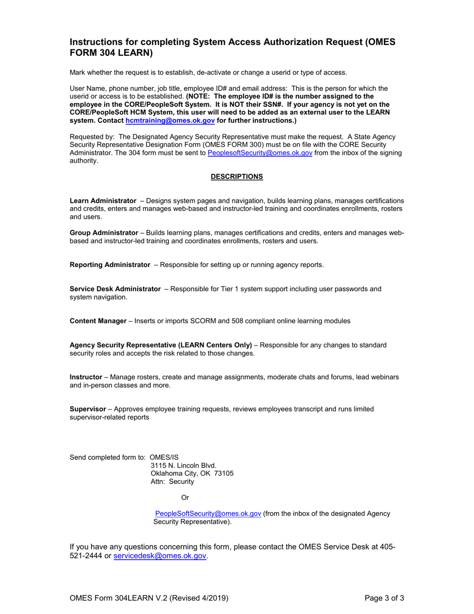 OMES Form 304LEARN System Access Request Form (Learn) - Oklahoma, Page 3
