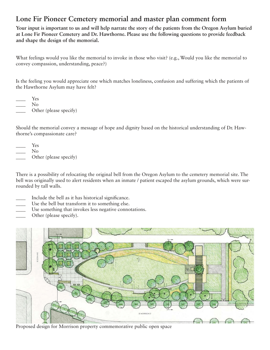 Lone Fir Pioneer Cemetery Memorial and Master Plan Comment Form - Oregon, Page 1