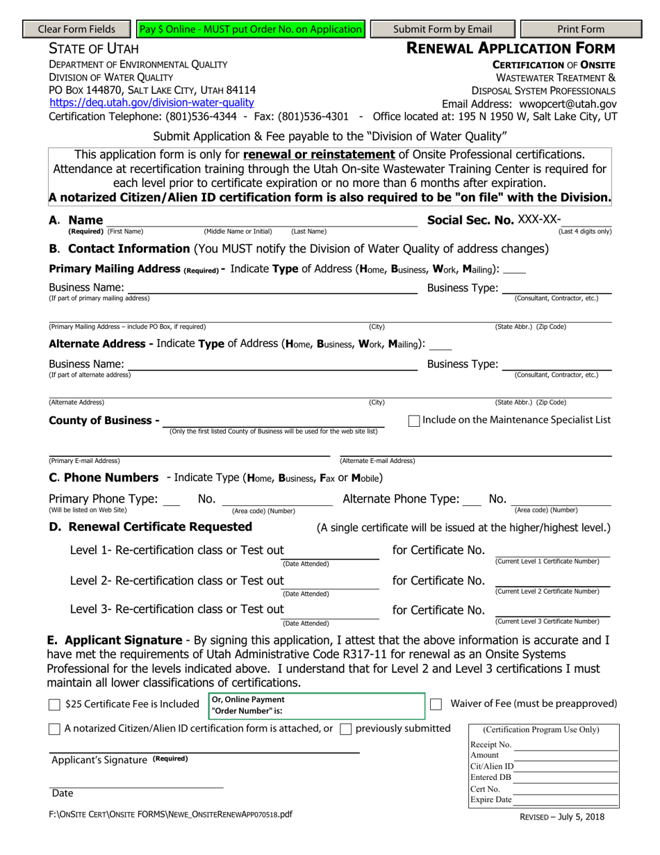 Renewal Application Form - Certification of Onsite Wastewater Treatment  Disposal System Professionals - Utah, Page 1