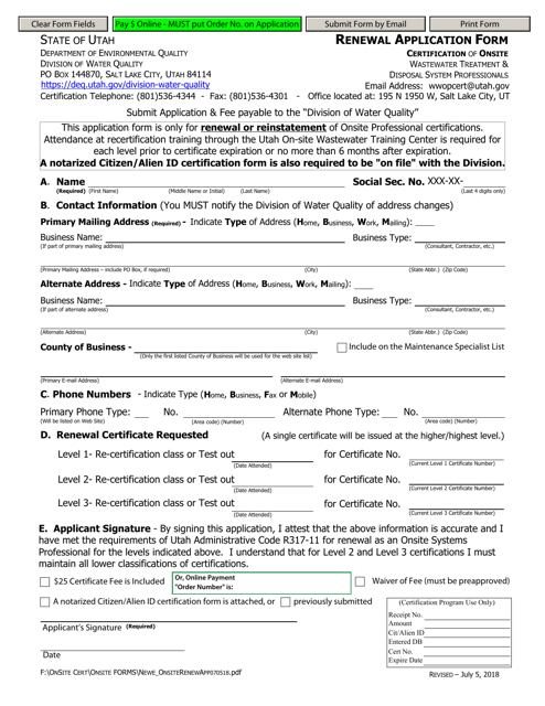 Renewal Application Form - Certification of Onsite Wastewater Treatment & Disposal System Professionals - Utah Download Pdf