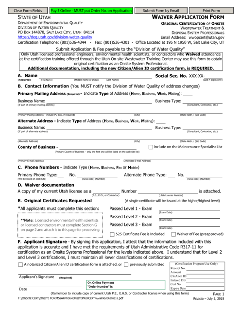 Waiver Application Form - Original Certification of Onsite - Utah Download Pdf
