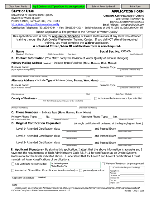 Application Form - Original Certification of Onsite - Utah
