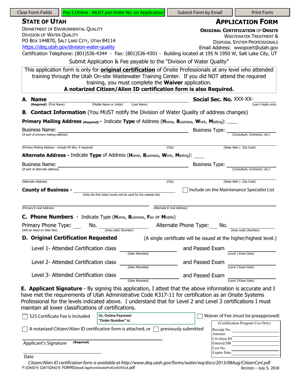 Application Form - Original Certification of Onsite - Utah, Page 1