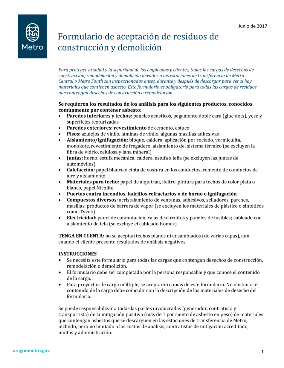 Formulario De Aceptacion De Residuos De Construccion Y Demolicion - Oregon (Spanish), Page 1