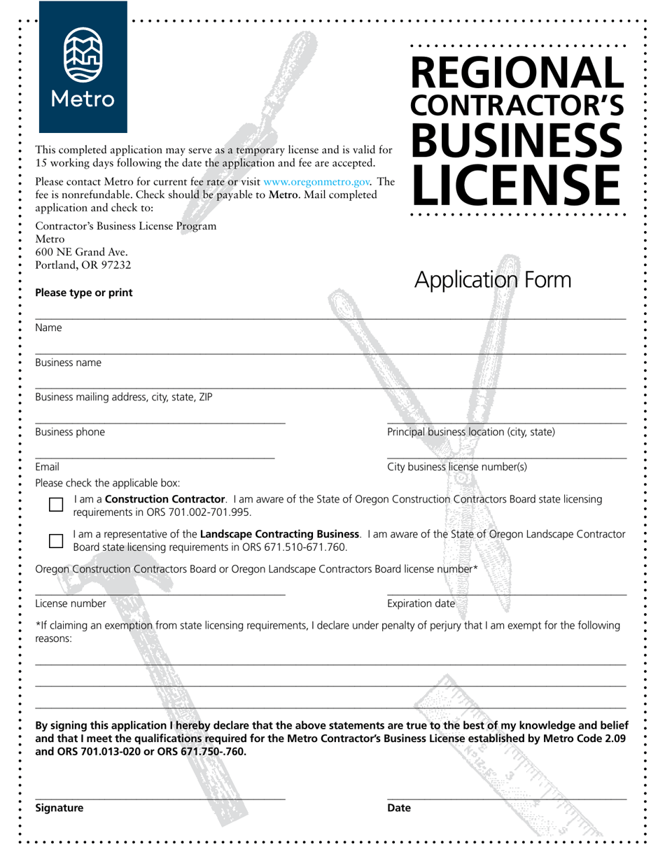Regional Contractors Business License Application - Oregon, Page 1