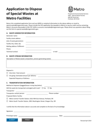 Application to Dispose of Special Wastes at Metro Facilities - Oregon