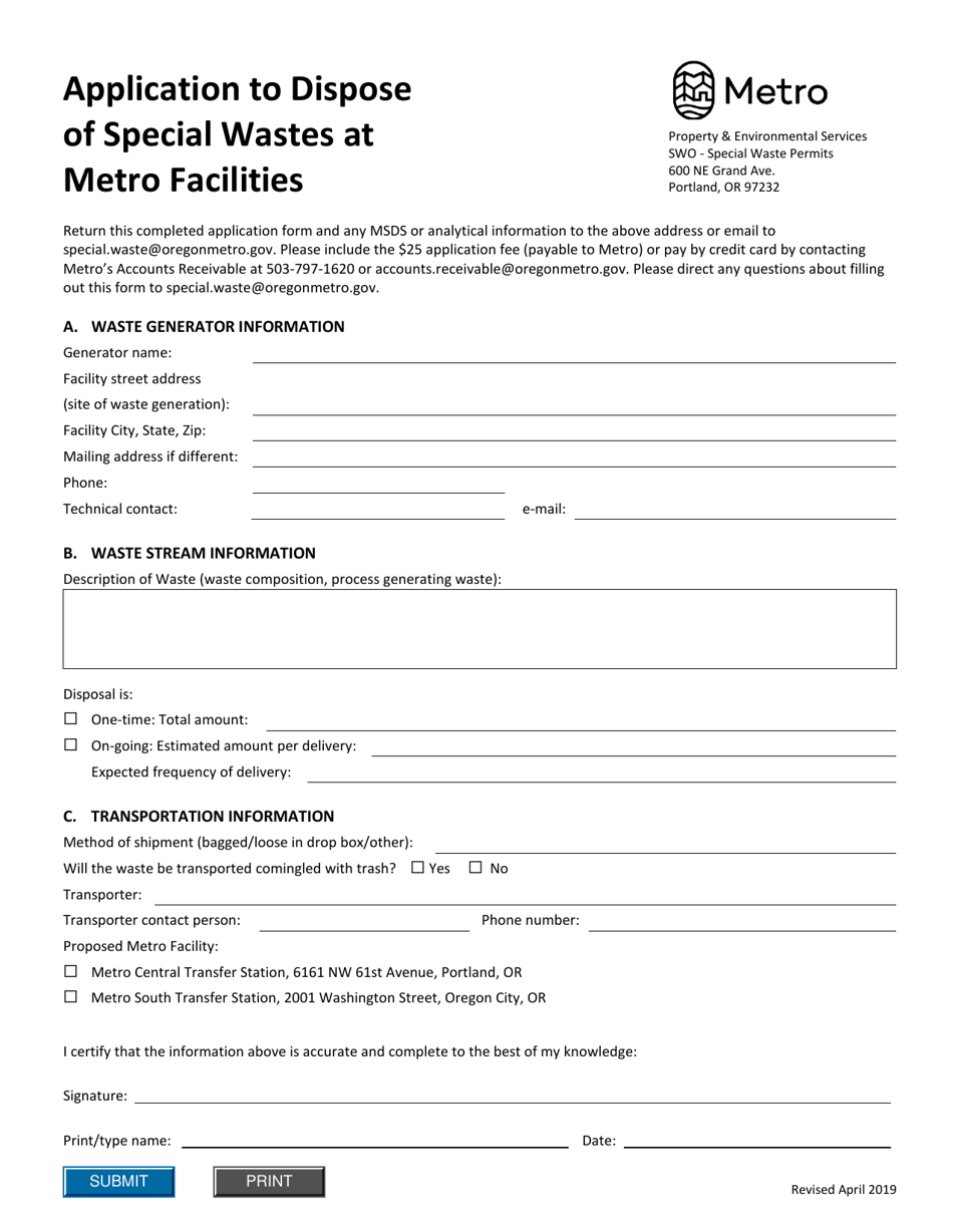 Application to Dispose of Special Wastes at Metro Facilities - Oregon, Page 1