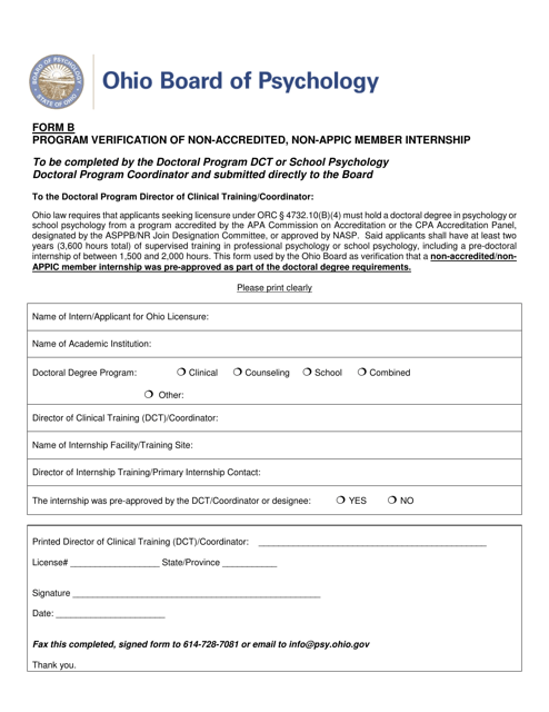 Form B Program Verification of Non-accredited, Non-appic Member Internship - Ohio