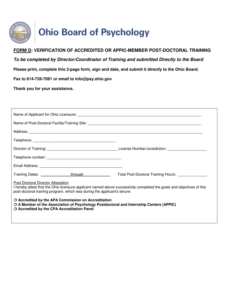 Form D Verification of Accredited or Appic-Member Post-doctoral Training - Ohio, Page 1