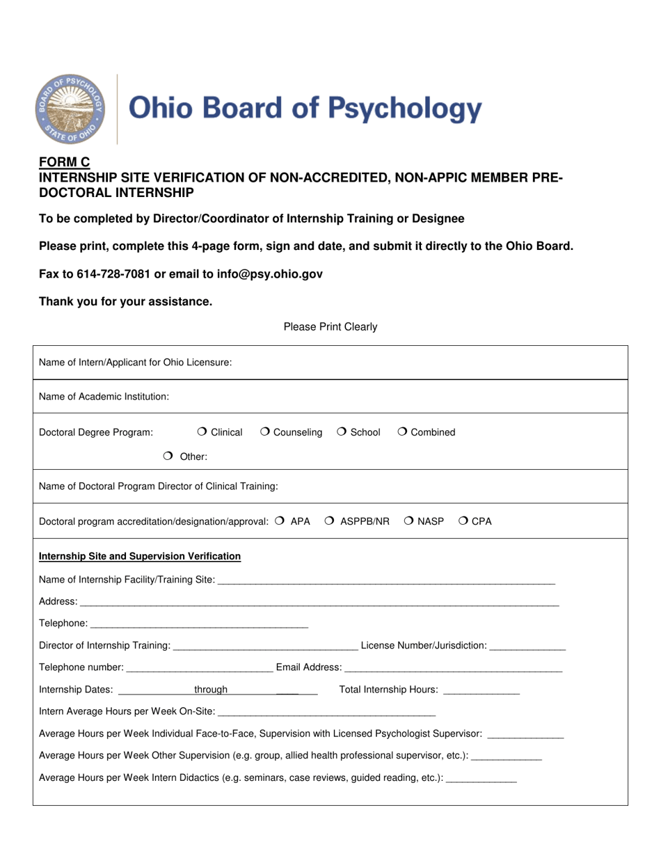 Form C Internship Site Verification of Non-accredited, Non-appic Member Predoctoral Internship - Ohio, Page 1
