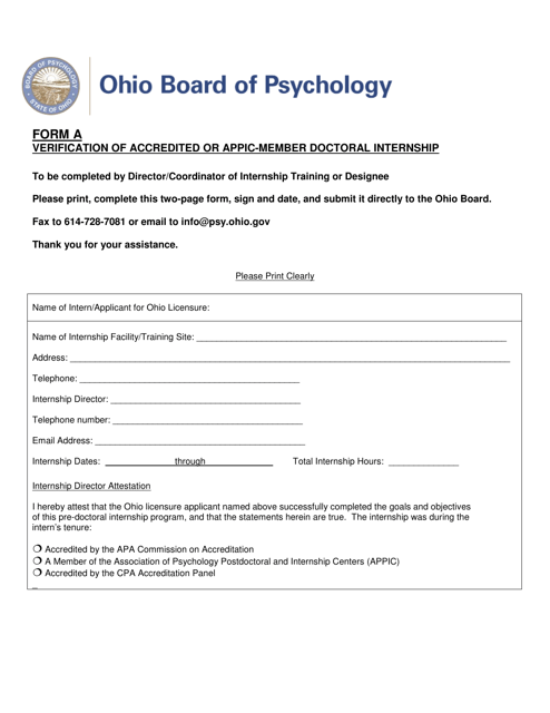 Form A Verification of Accredited or Appic-Member Doctoral Internship - Ohio