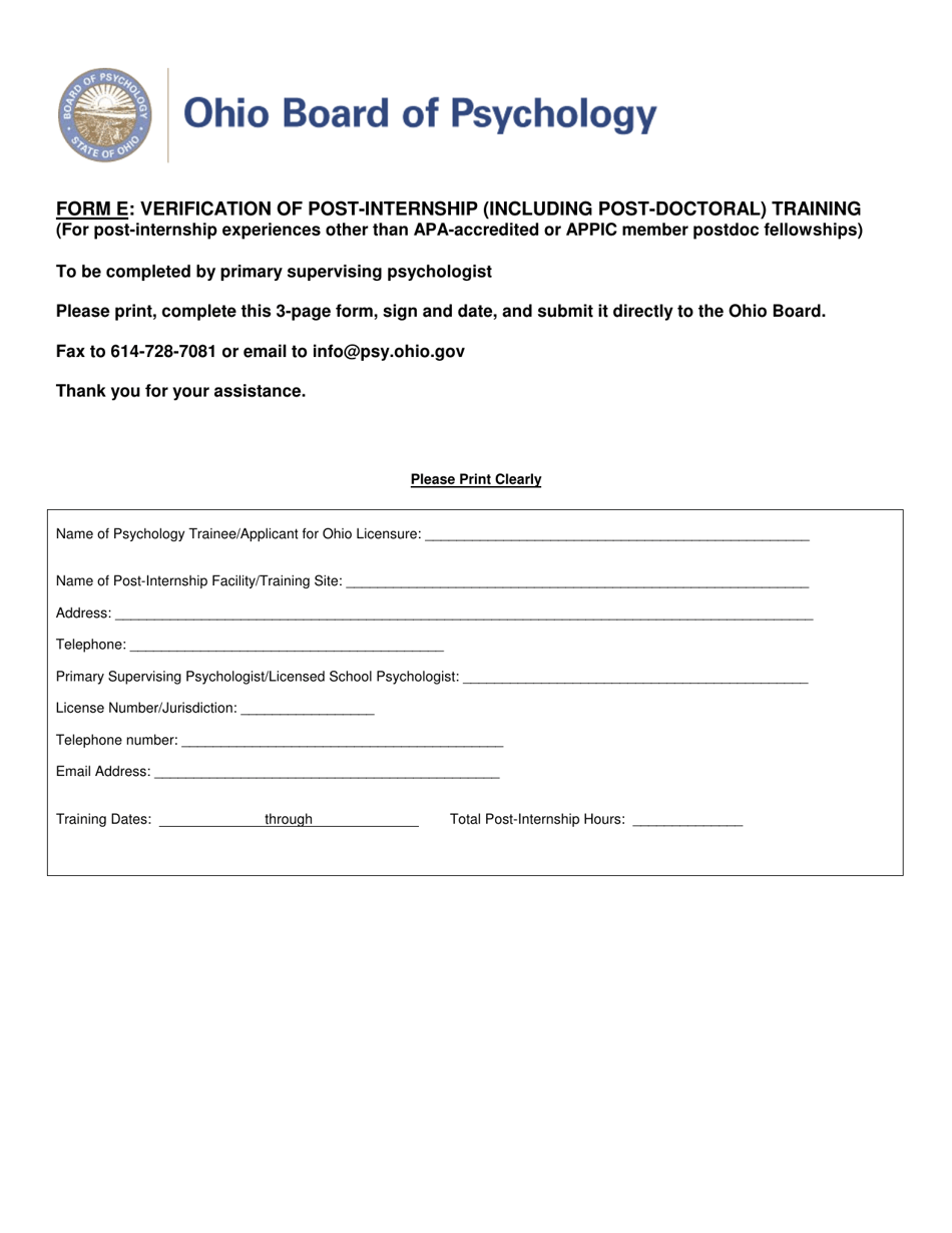 Form E Verification of Post-internship (Including Post-doctoral) Training - Ohio, Page 1