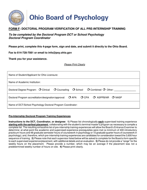Form F Doctoral Program Verification of All Pre-internship Training - Ohio