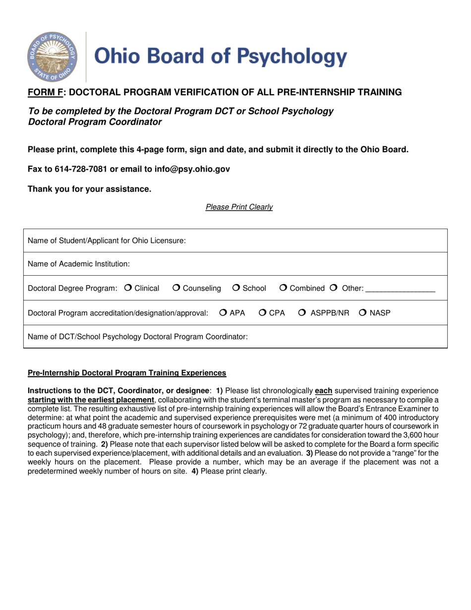 Form F Doctoral Program Verification of All Pre-internship Training - Ohio, Page 1
