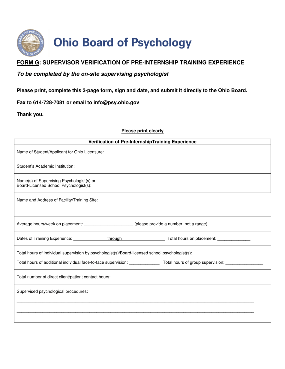 Form G Supervisor Verification of Pre-internship Training Experience - Ohio, Page 1