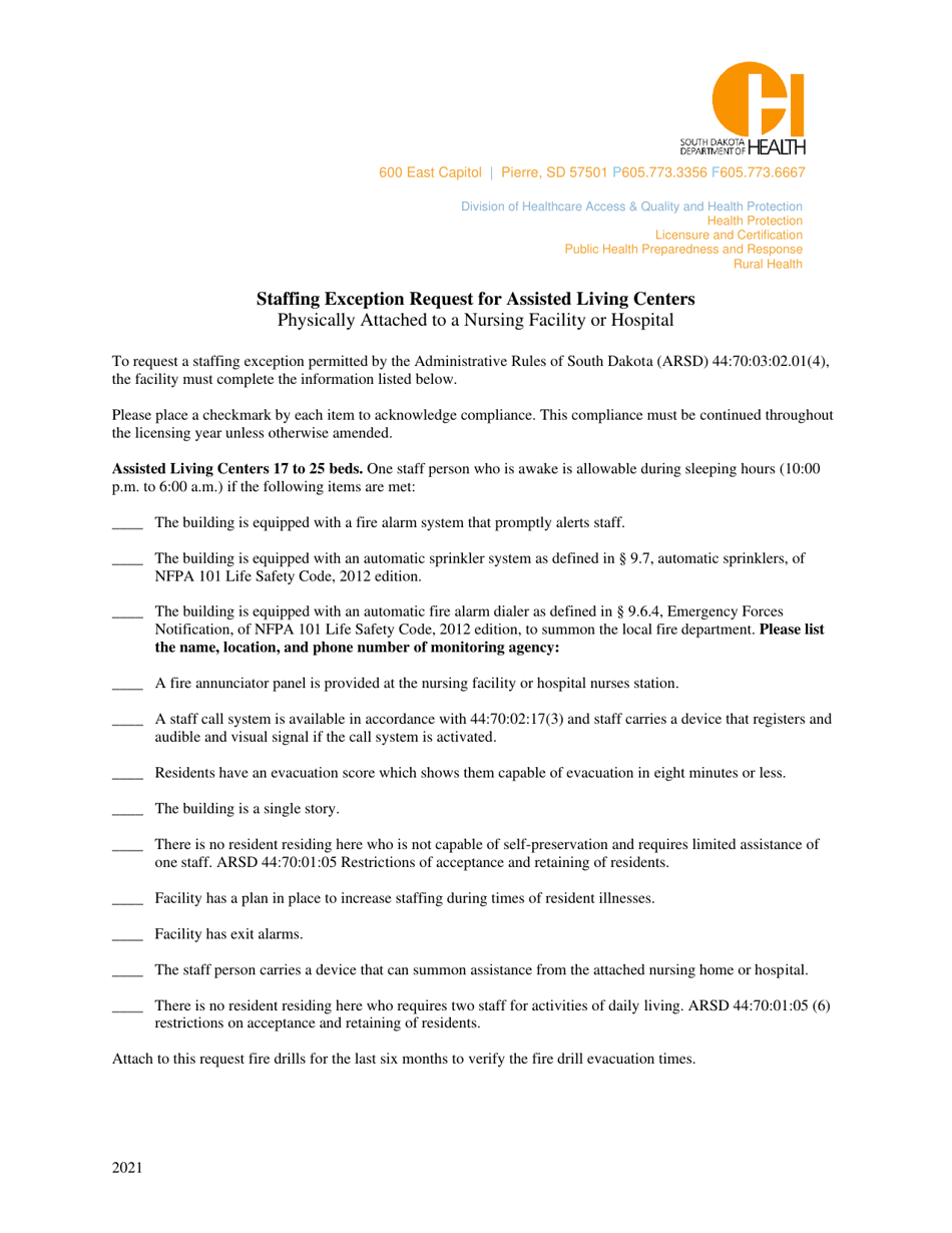 Staffing Exception Request for Assisted Living Centers - 17-25 Beds - South Dakota, Page 1