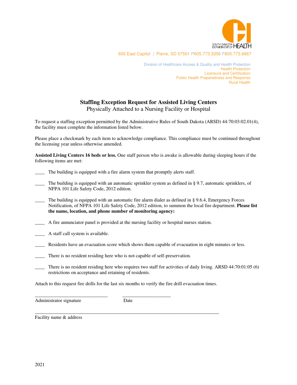 Staffing Exception Request for Assisted Living Centers - 16 Beds or Less - South Dakota, Page 1