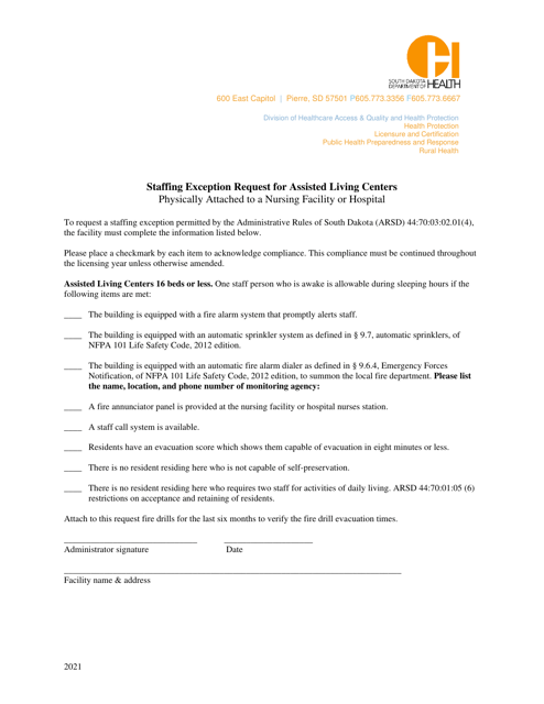 Staffing Exception Request for Assisted Living Centers - 16 Beds or Less - South Dakota Download Pdf