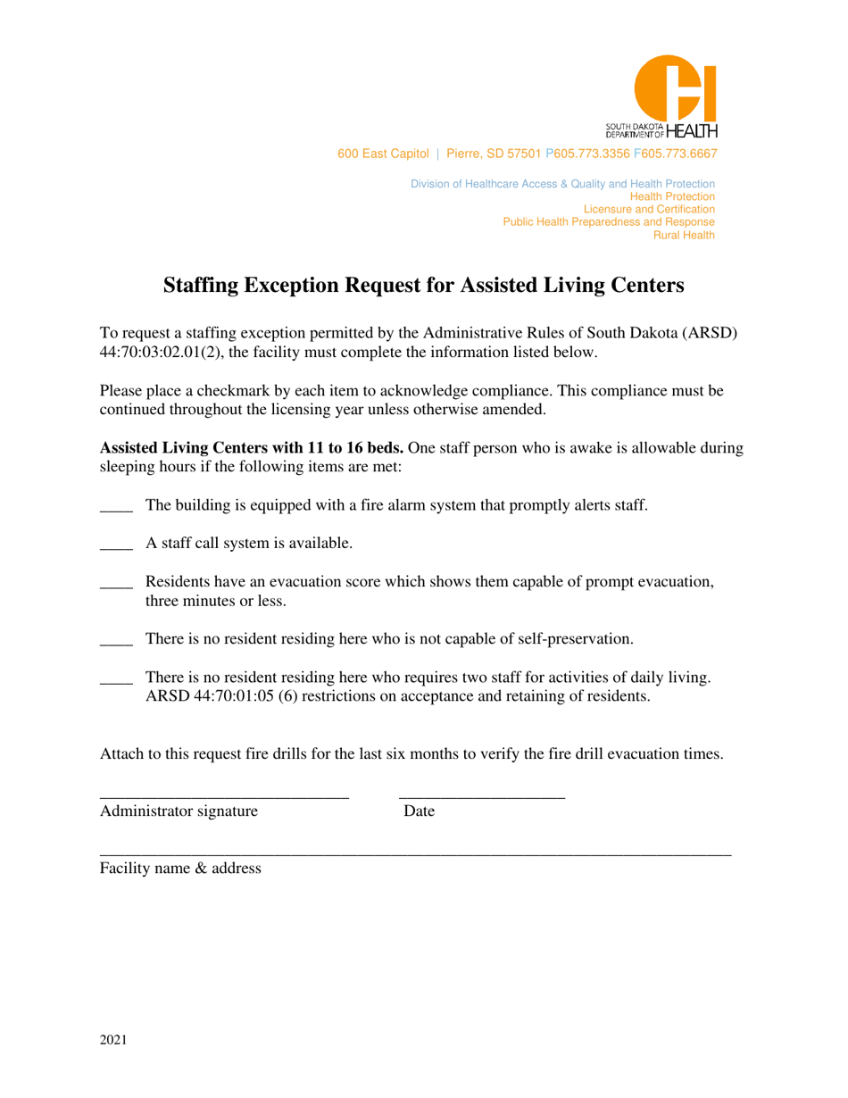 Staffing Exception Request for Assisted Living Centers - 11 to 16 Beds - South Dakota, Page 1