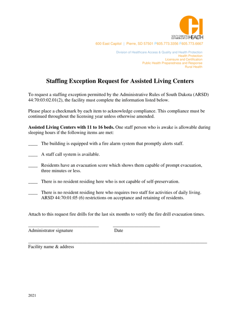 Staffing Exception Request for Assisted Living Centers - 11 to 16 Beds - South Dakota Download Pdf