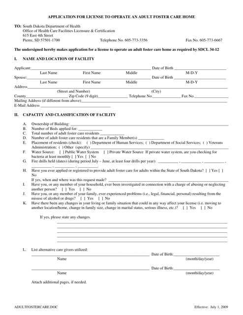 Application for License to Operate an Adult Foster Care Home - South Dakota Download Pdf