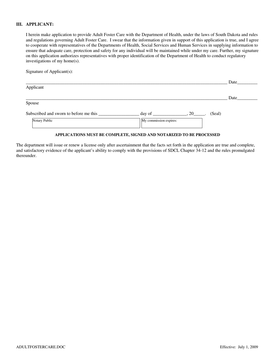 Application for License to Operate an Adult Foster Care Home - South Dakota, Page 2